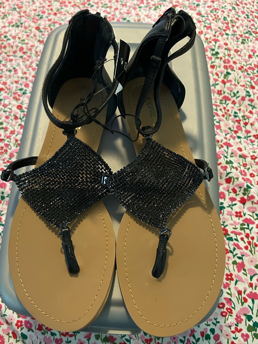 Express Black Beaded T-Strap Sandals with Tan Footbed